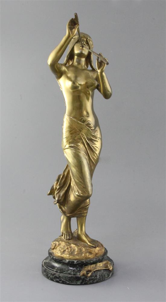 Edouard Drouot (1859-1935). A French ormolu figure of a pipe girl, La Muse des Bois, 20in.